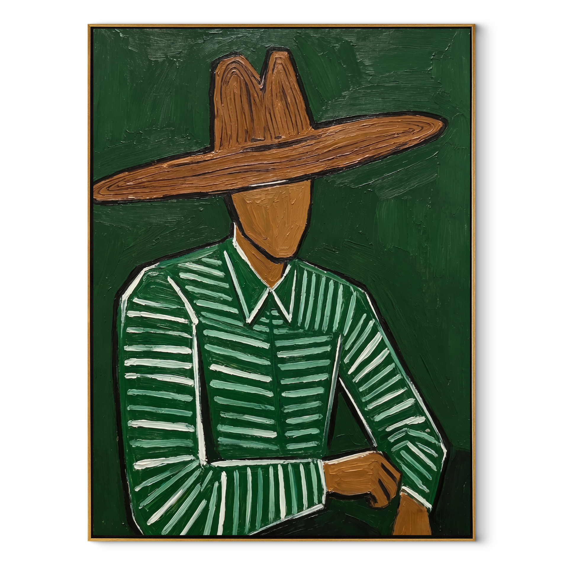 Forest Lines Hold the Waist - Green Hat Figure painting by Adrian Lee, mid-century modern vertical wall art – wood frame on white background