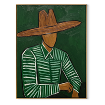 Forest Lines Hold the Waist - Green Hat Figure painting by Adrian Lee, mid-century modern vertical wall art – wood frame on white background