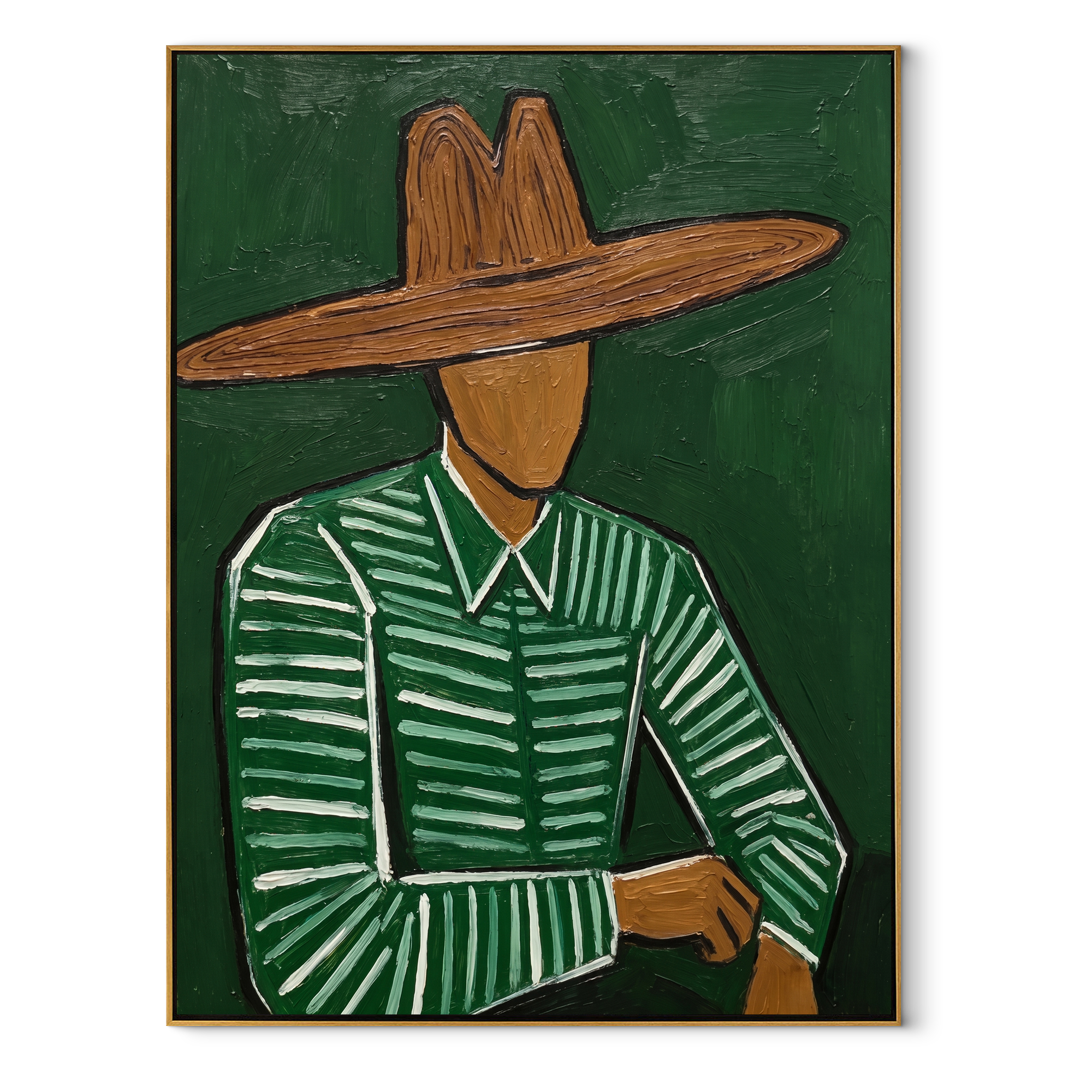 Forest Lines Hold the Waist - Green Hat Figure painting by Adrian Lee, mid-century modern vertical wall art – wood frame on white background