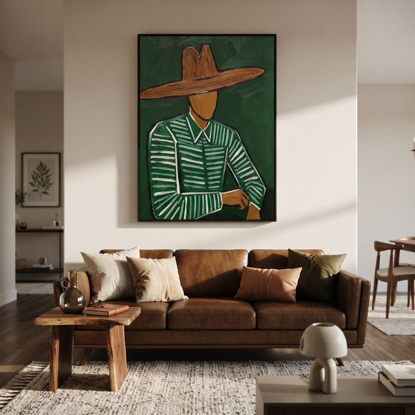 Forest Lines Hold the Waist - Green Hat Figure painting by Adrian Lee, mid-century modern vertical wall art – styled room scene view 2