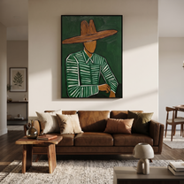 Forest Lines Hold the Waist - Green Hat Figure painting by Adrian Lee, mid-century modern vertical wall art – styled room scene view 2