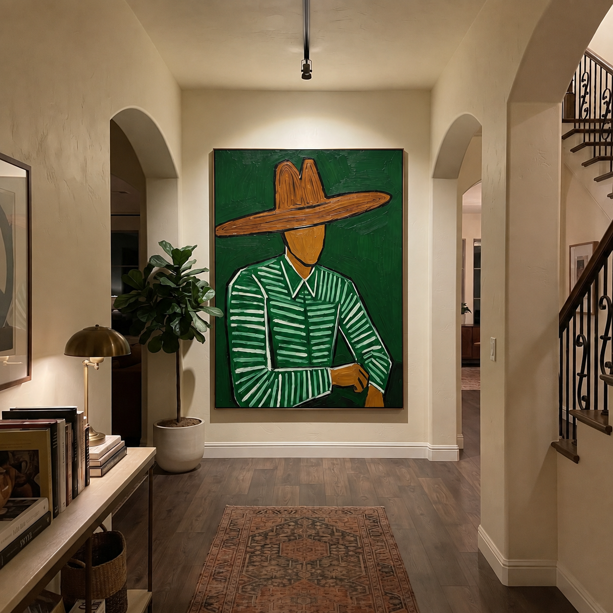 Forest Lines Hold the Waist - Green Hat Figure painting by Adrian Lee, mid-century modern vertical wall art – styled room scene view 3