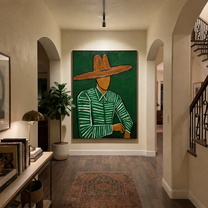 Forest Lines Hold the Waist - Green Hat Figure painting by Adrian Lee, mid-century modern vertical wall art – styled room scene view 3