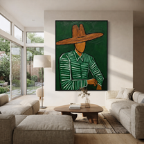 Forest Lines Hold the Waist - Green Hat Figure painting by Adrian Lee, mid-century modern vertical wall art – styled room scene view 4