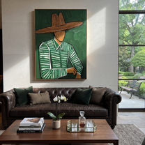 Forest Lines Hold the Waist - Green Hat Figure painting by Adrian Lee, mid-century modern vertical wall art – styled room scene view 5