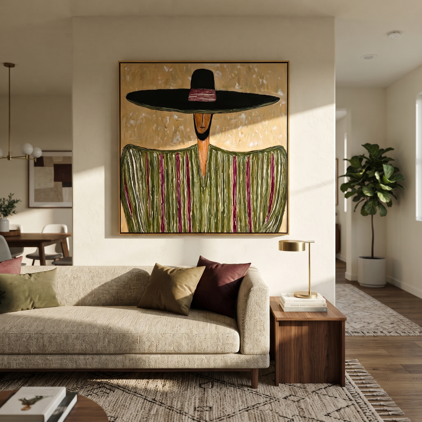 Black Horizon Meets Meadow - Wide Hat Green Stripe Figure painting by Adrian Lee, mid-century modern square wall art – styled room scene view 1