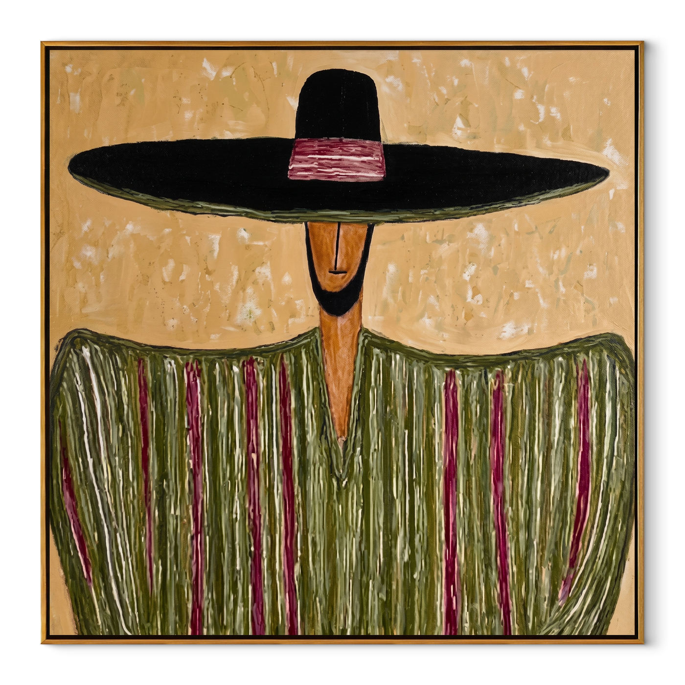 Black Horizon Meets Meadow - Wide Hat Green Stripe Figure painting by Adrian Lee, mid-century modern square wall art – wood frame on white background