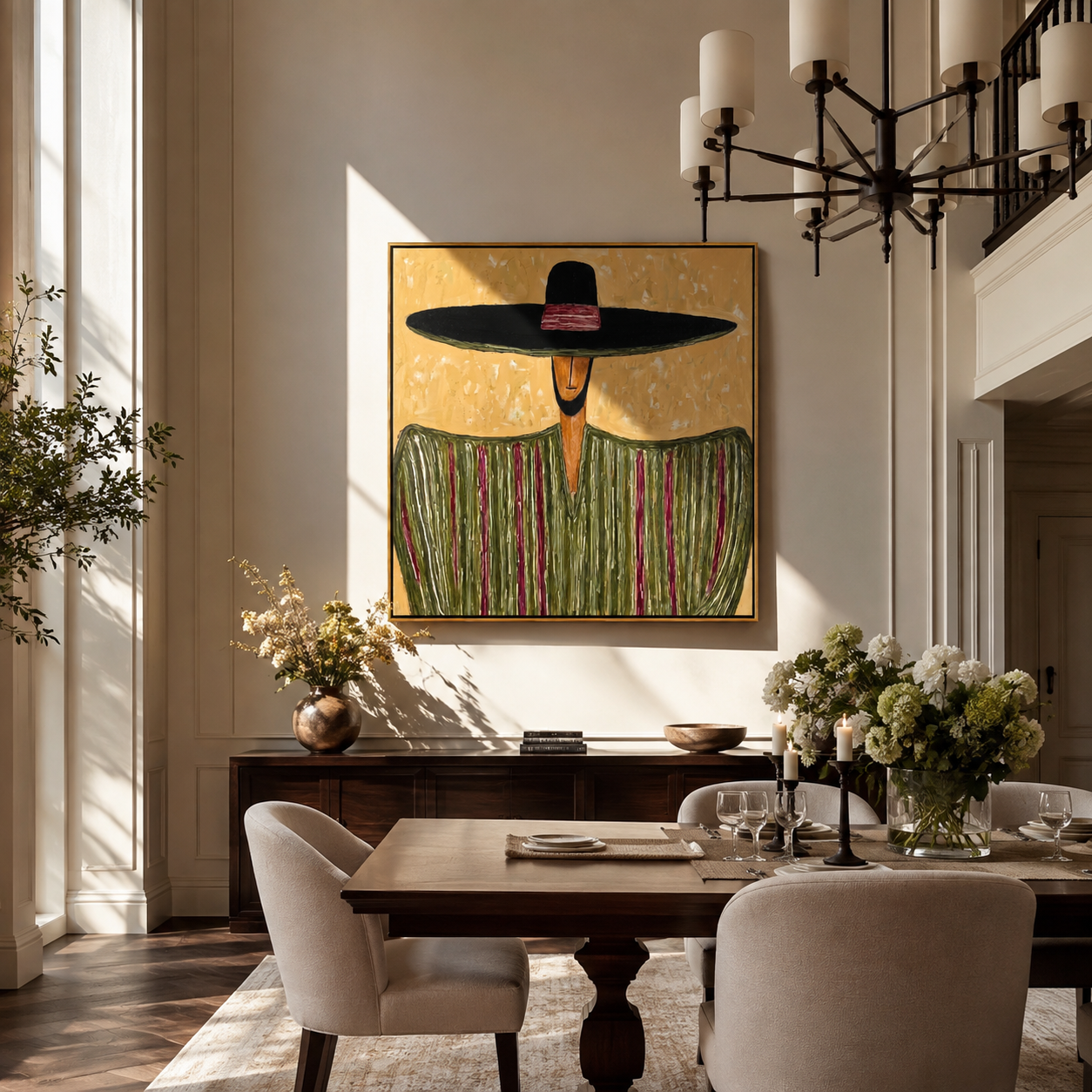 Black Horizon Meets Meadow - Wide Hat Green Stripe Figure painting by Adrian Lee, mid-century modern square wall art – styled room scene view 2