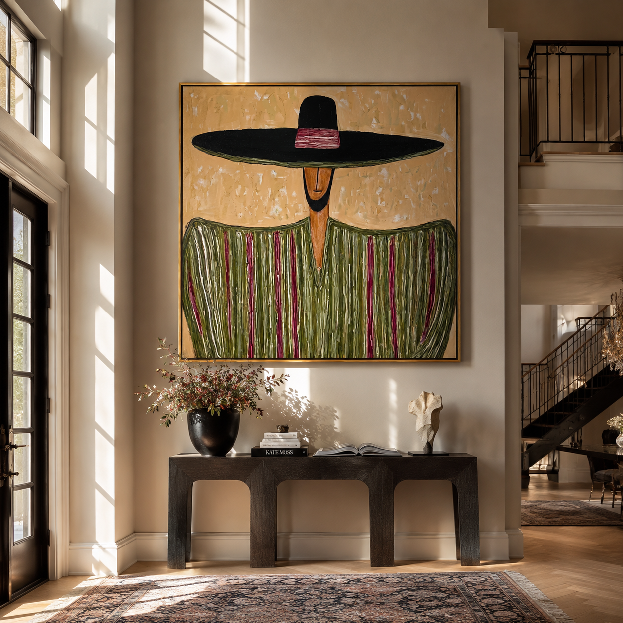 Black Horizon Meets Meadow - Wide Hat Green Stripe Figure painting by Adrian Lee, mid-century modern square wall art – styled room scene view 3