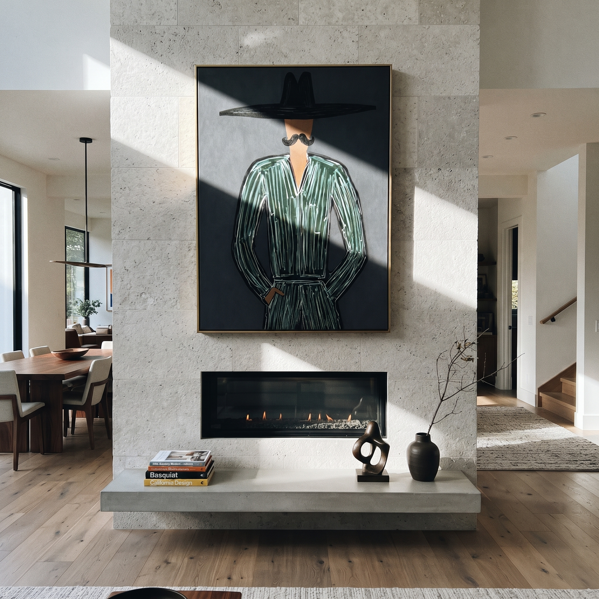 Emerald Lines Guard Charcoal - Black Hat Green Figure painting by Adrian Lee, mid-century modern vertical wall art – styled room scene view 1