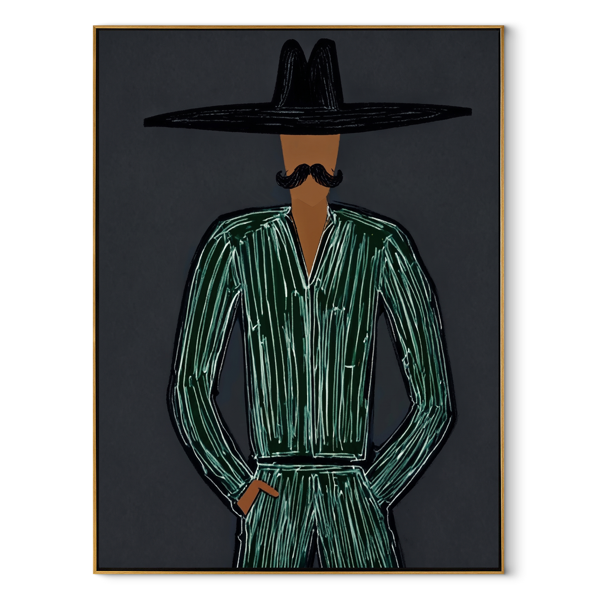 Emerald Lines Guard Charcoal - Black Hat Green Figure painting by Adrian Lee, mid-century modern vertical wall art – wood frame on white background
