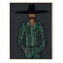 Emerald Lines Guard Charcoal - Black Hat Green Figure painting by Adrian Lee, mid-century modern vertical wall art – wood frame on white background