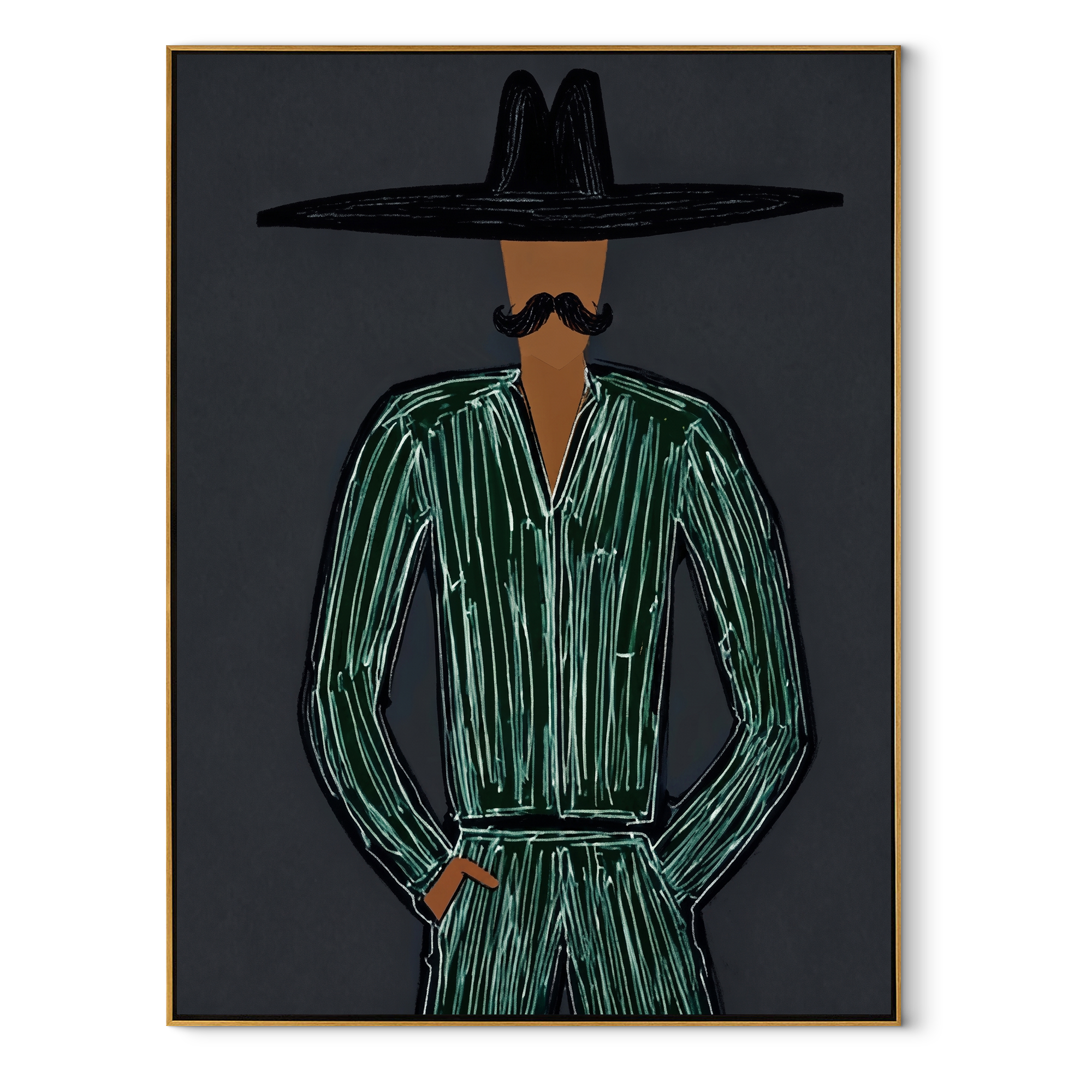 Emerald Lines Guard Charcoal - Black Hat Green Figure painting by Adrian Lee, mid-century modern vertical wall art – wood frame on white background