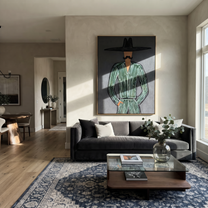 Emerald Lines Guard Charcoal - Black Hat Green Figure painting by Adrian Lee, mid-century modern vertical wall art – styled room scene view 2