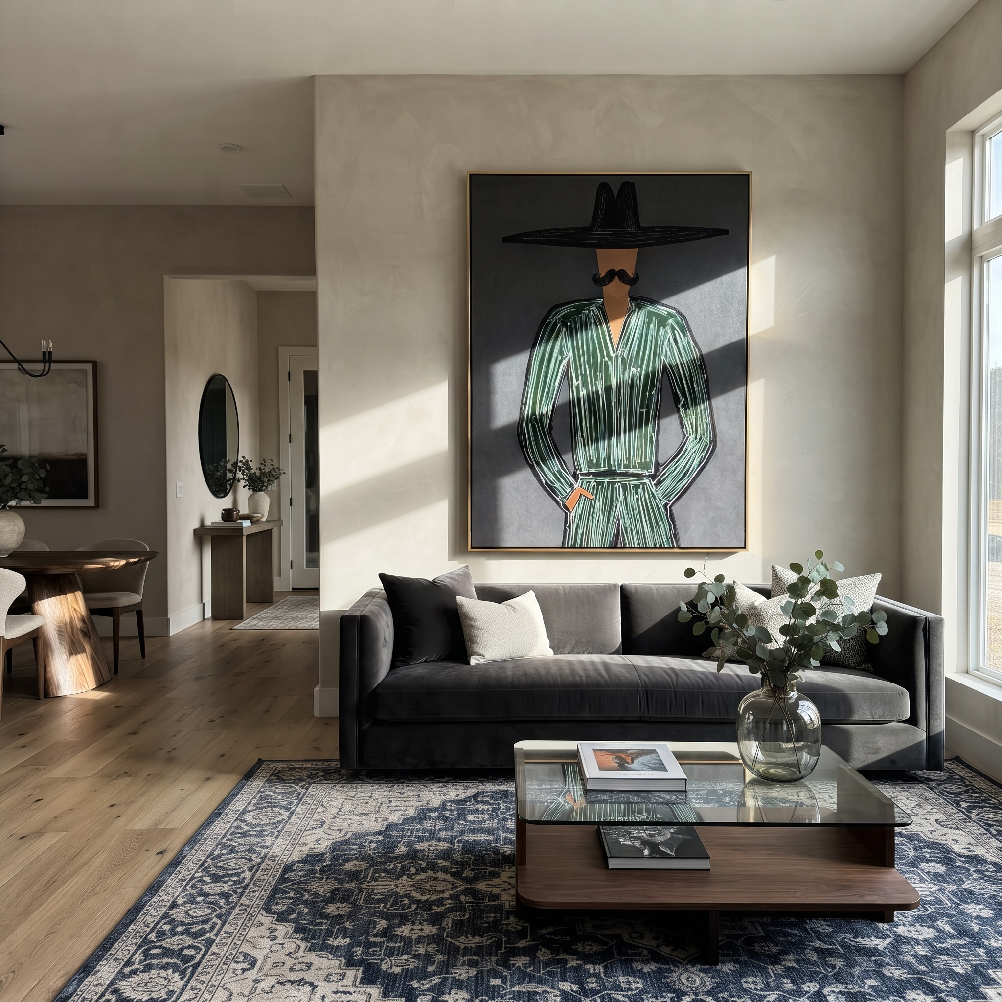Emerald Lines Guard Charcoal - Black Hat Green Figure painting by Adrian Lee, mid-century modern vertical wall art – styled room scene view 2