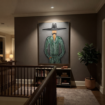 Emerald Lines Guard Charcoal - Black Hat Green Figure painting by Adrian Lee, mid-century modern vertical wall art – styled room scene view 3