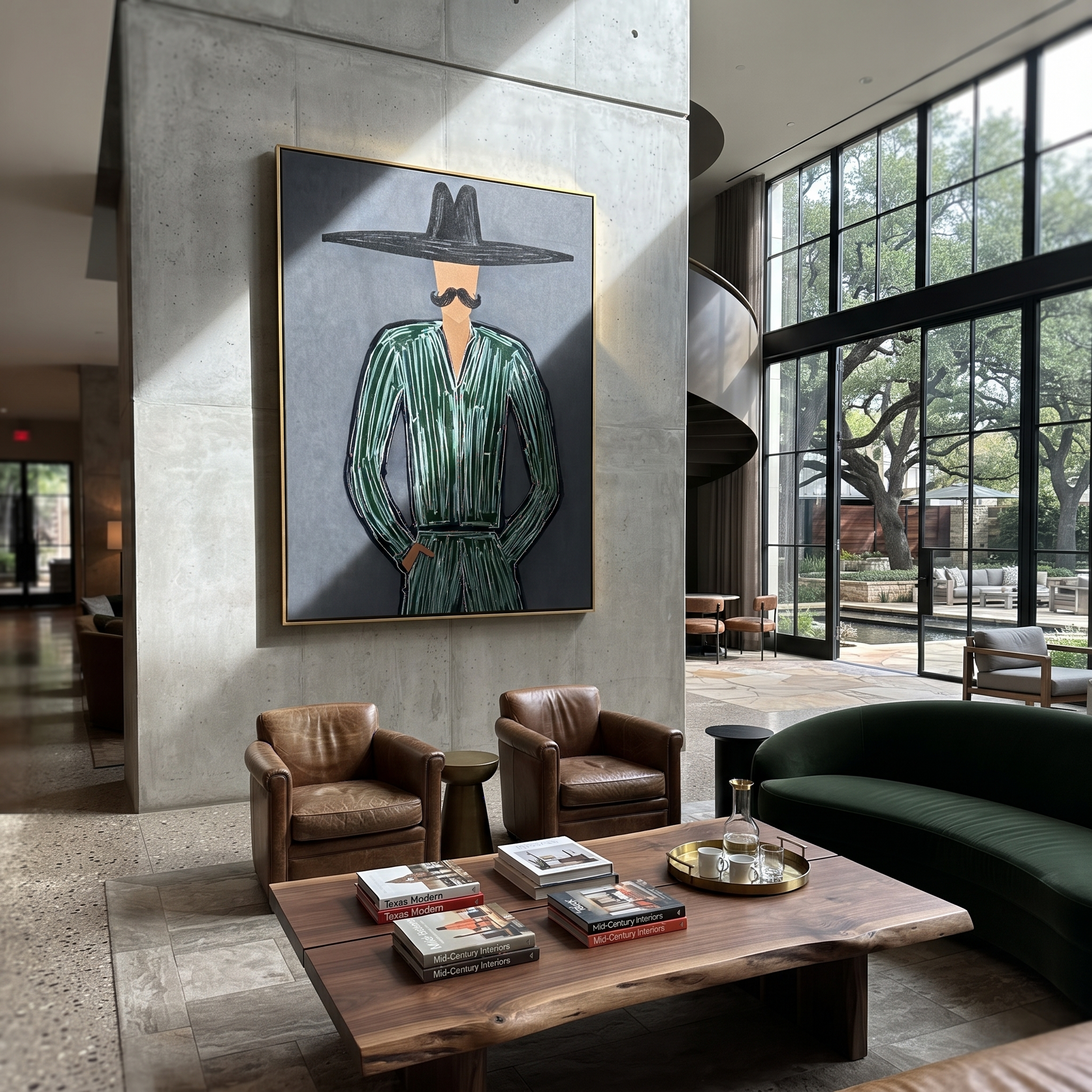 Emerald Lines Guard Charcoal - Black Hat Green Figure painting by Adrian Lee, mid-century modern vertical wall art – styled room scene view 4