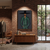Emerald Lines Guard Charcoal - Black Hat Green Figure painting by Adrian Lee, mid-century modern vertical wall art – styled room scene view 5