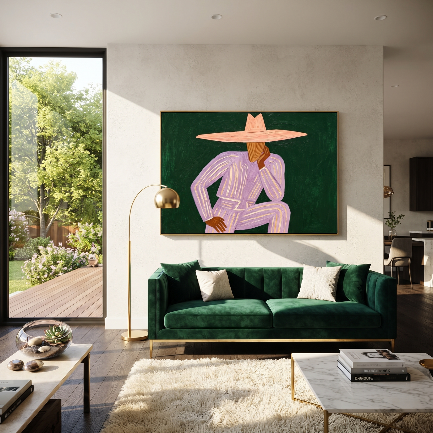 Lavender Thought Rests Green - Seated Lavender Hat Figure painting by Adrian Lee, mid-century modern horizontal wall art – styled room scene view 1