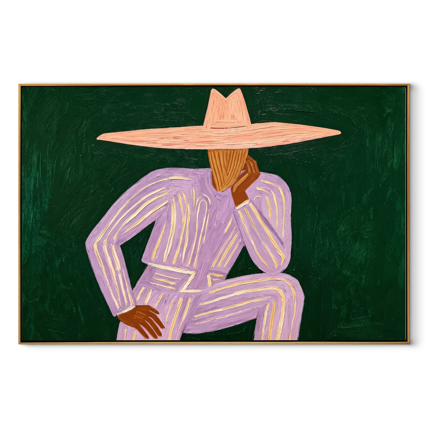 Lavender Thought Rests Green - Seated Lavender Hat Figure painting by Adrian Lee, mid-century modern horizontal wall art – wood frame on white background