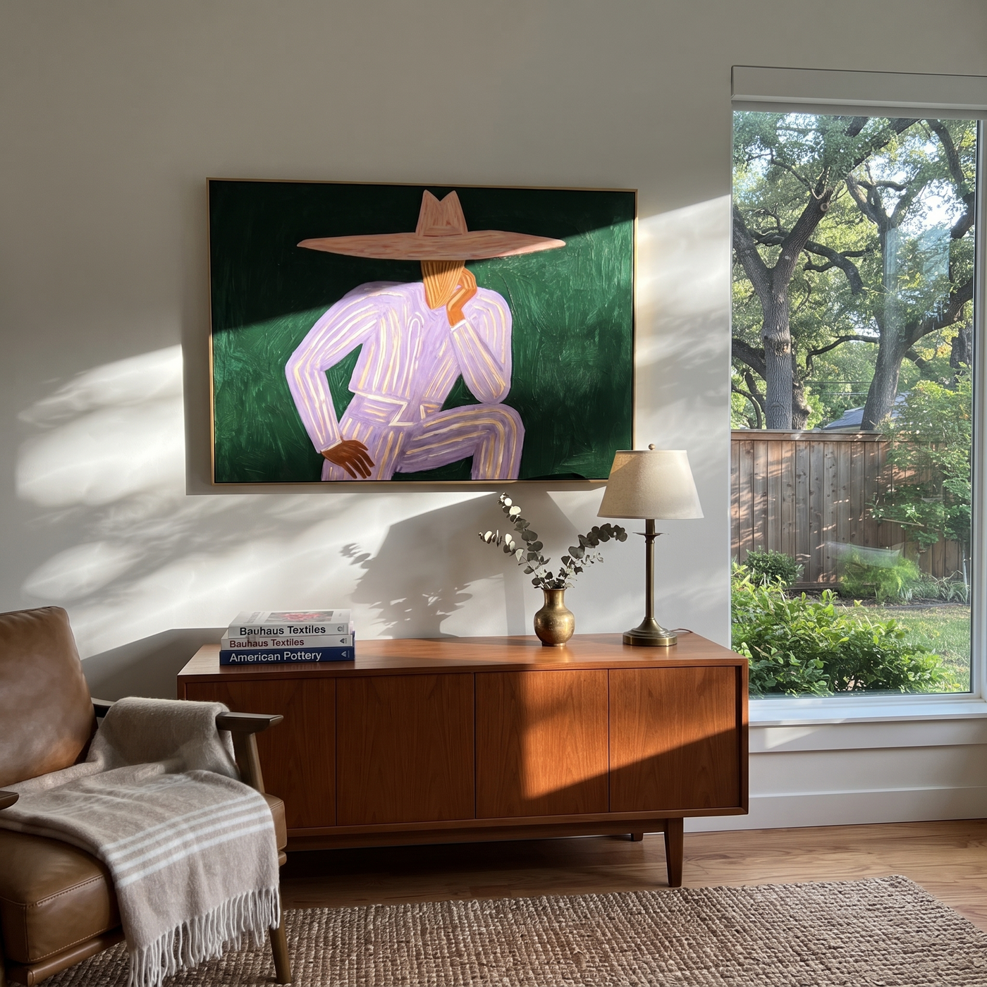 Lavender Thought Rests Green - Seated Lavender Hat Figure painting by Adrian Lee, mid-century modern horizontal wall art – styled room scene view 2