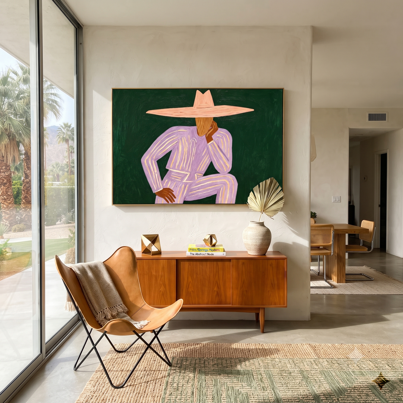 Lavender Thought Rests Green - Seated Lavender Hat Figure painting by Adrian Lee, mid-century modern horizontal wall art – styled room scene view 3