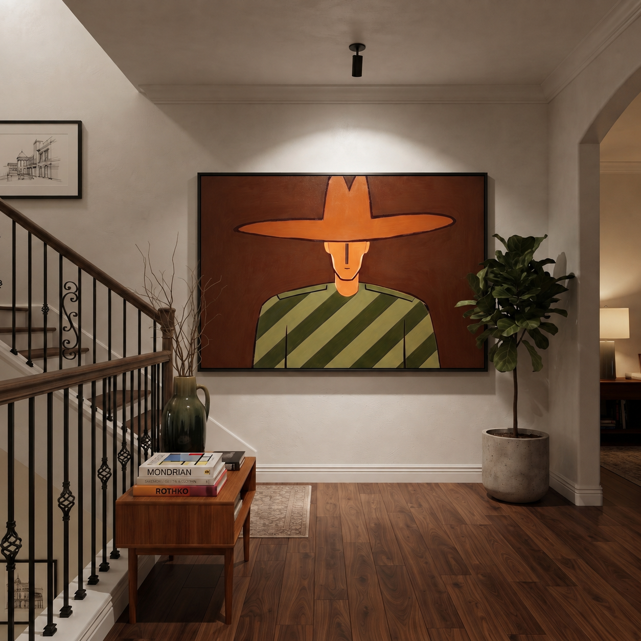 Brown Brim Holds Olive - Cropped Green Stripe Portrait painting by Adrian Lee, mid-century modern horizontal wall art – styled room scene view 1