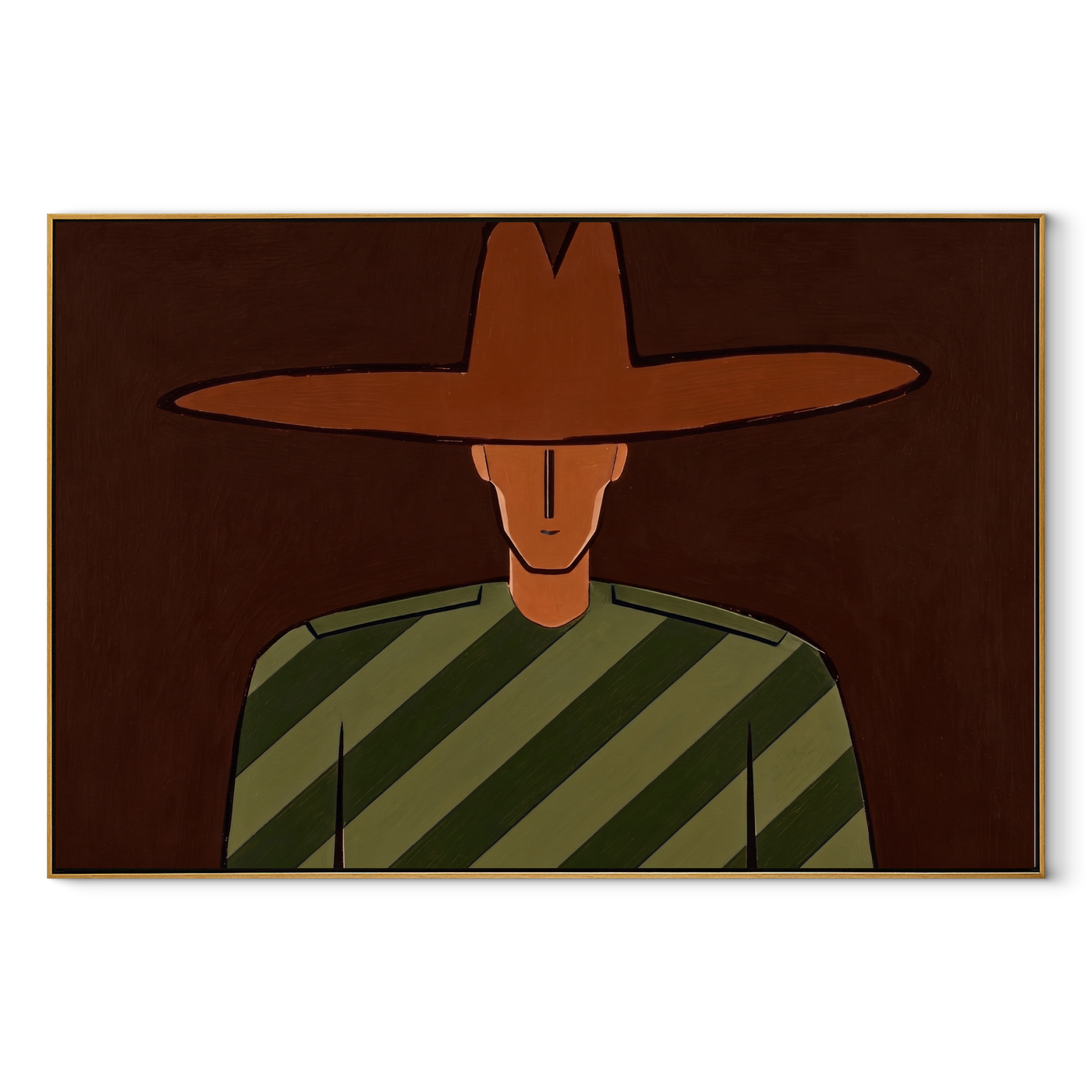 Brown Brim Holds Olive - Cropped Green Stripe Portrait painting by Adrian Lee, mid-century modern horizontal wall art – wood frame on white background