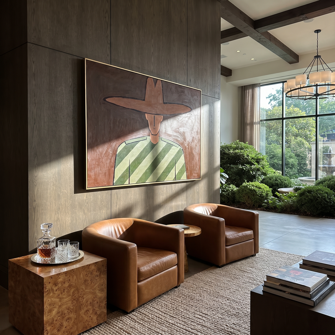 Brown Brim Holds Olive - Cropped Green Stripe Portrait painting by Adrian Lee, mid-century modern horizontal wall art – styled room scene view 2