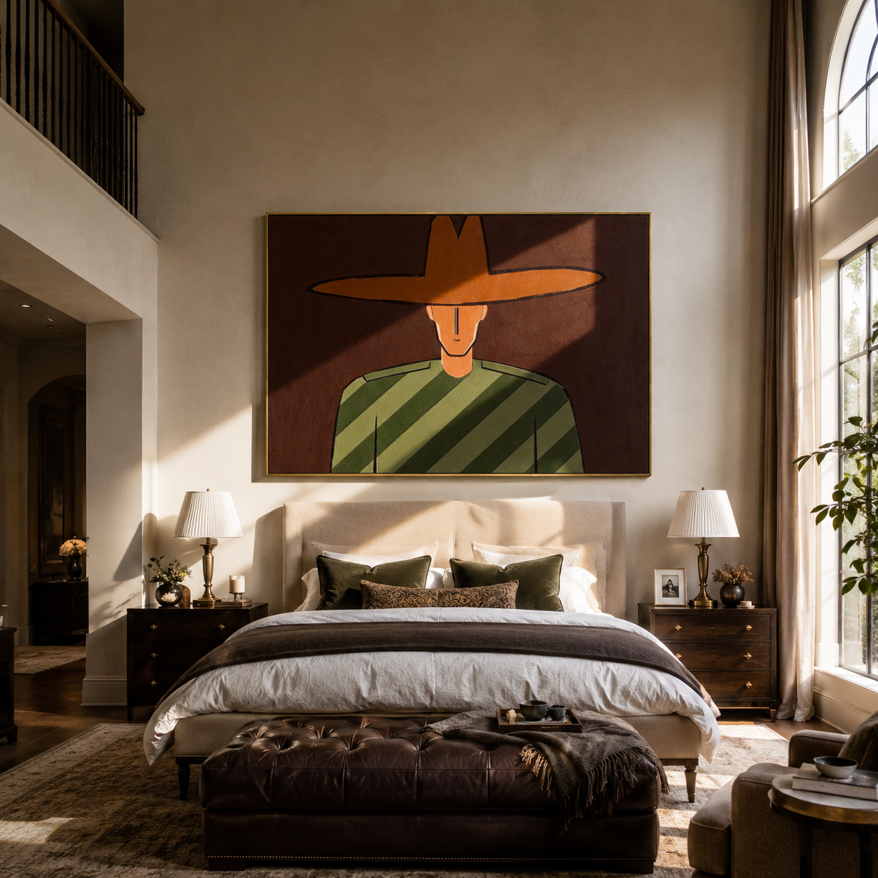 Brown Brim Holds Olive - Cropped Green Stripe Portrait painting by Adrian Lee, mid-century modern horizontal wall art – styled room scene view 3