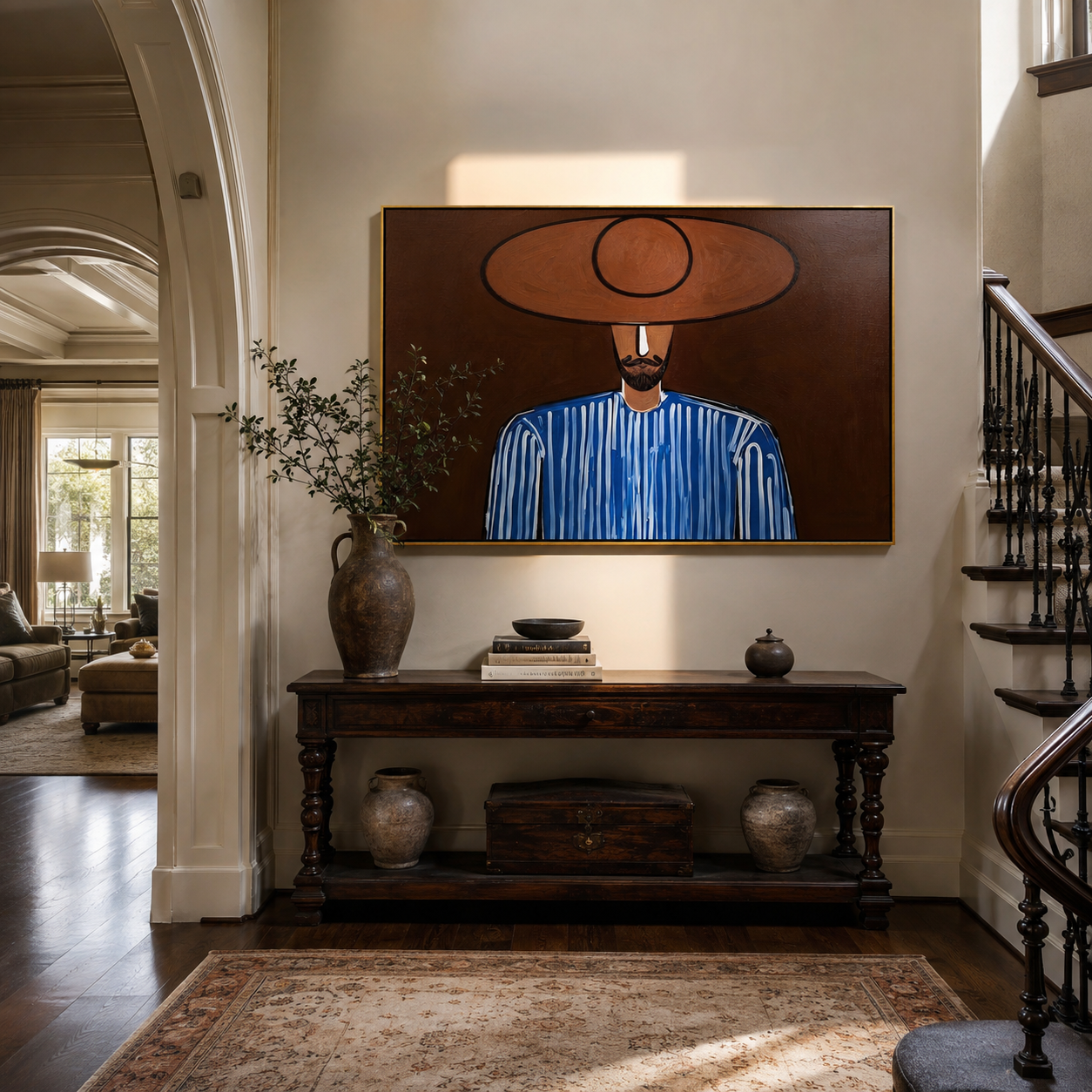 Blue Lines Meet the Earth - Bearded Blue Hat Portrait painting by Adrian Lee, mid-century modern horizontal wall art – styled room scene view 1