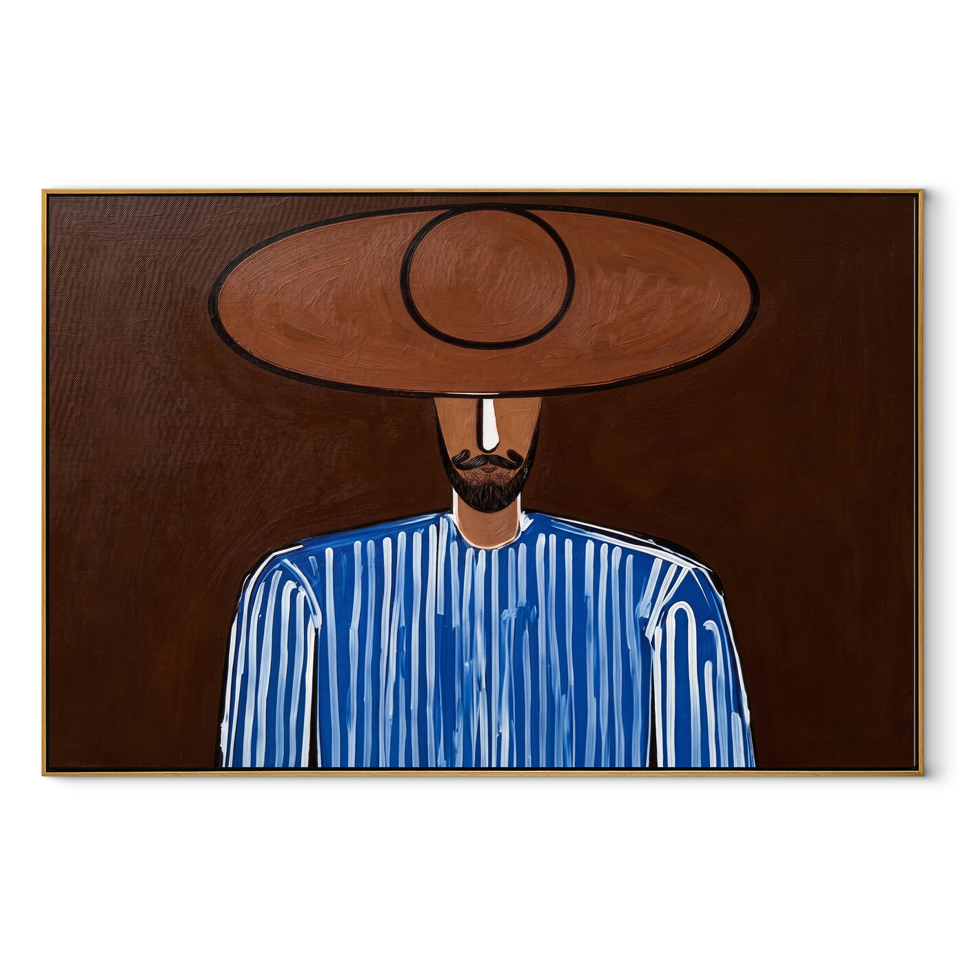 Blue Lines Meet the Earth - Bearded Blue Hat Portrait painting by Adrian Lee, mid-century modern horizontal wall art – wood frame on white background