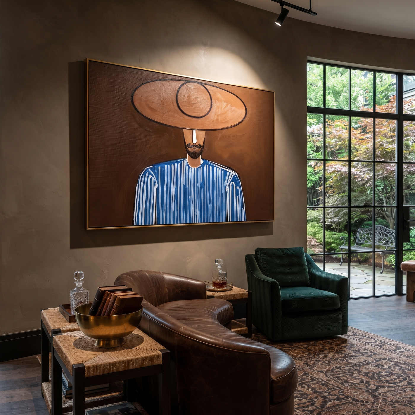 Blue Lines Meet the Earth - Bearded Blue Hat Portrait painting by Adrian Lee, mid-century modern horizontal wall art – styled room scene view 2