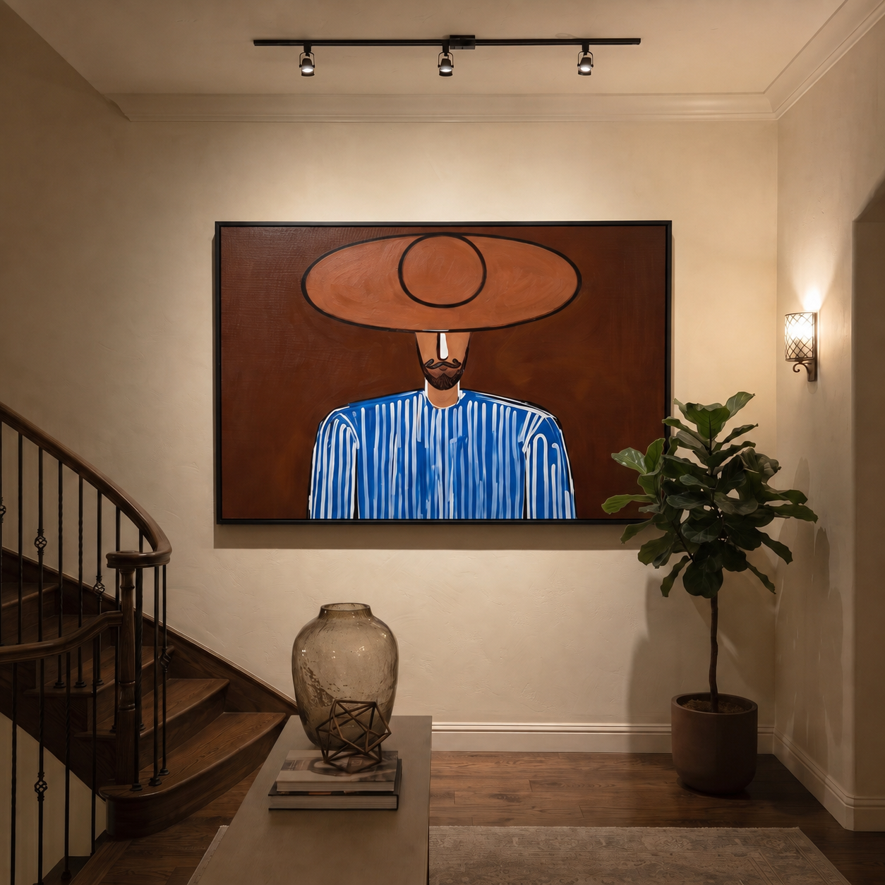 Blue Lines Meet the Earth - Bearded Blue Hat Portrait painting by Adrian Lee, mid-century modern horizontal wall art – styled room scene view 3