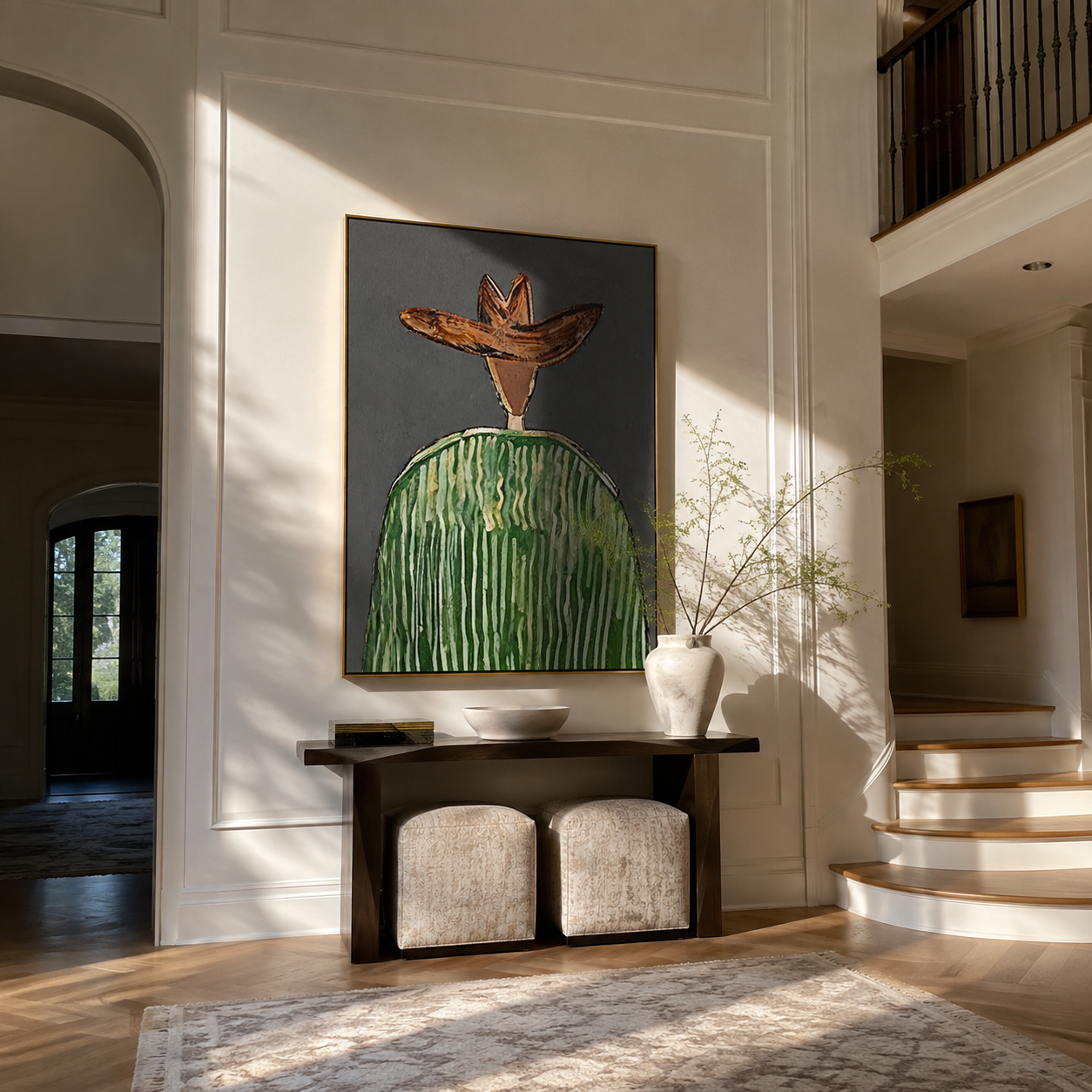 Green Crown Faces Gray - Green Stripe Hat Figure painting by Adrian Lee, mid-century modern vertical wall art – styled room scene view 1