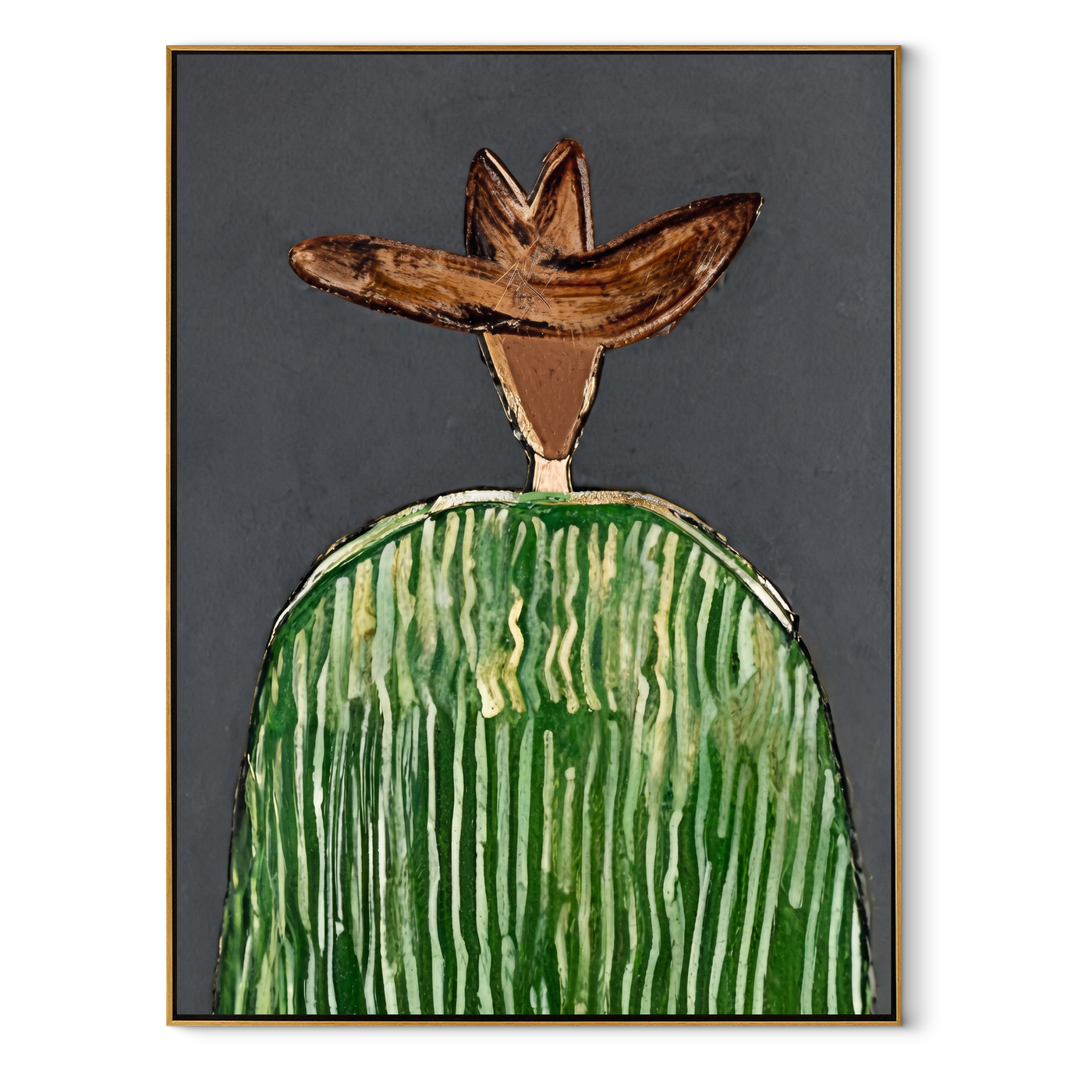 Green Crown Faces Gray - Green Stripe Hat Figure painting by Adrian Lee, mid-century modern vertical wall art – wood frame on white background
