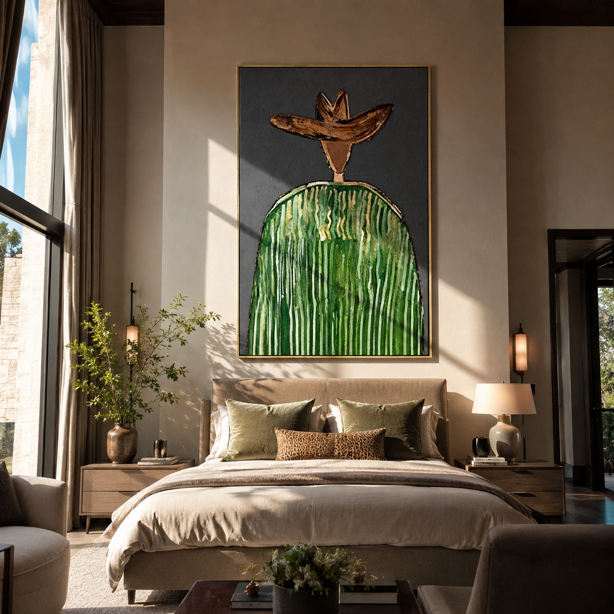 Green Crown Faces Gray - Green Stripe Hat Figure painting by Adrian Lee, mid-century modern vertical wall art – styled room scene view 2