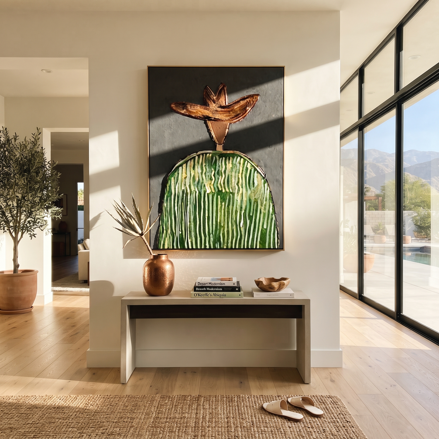 Green Crown Faces Gray - Green Stripe Hat Figure painting by Adrian Lee, mid-century modern vertical wall art – styled room scene view 3