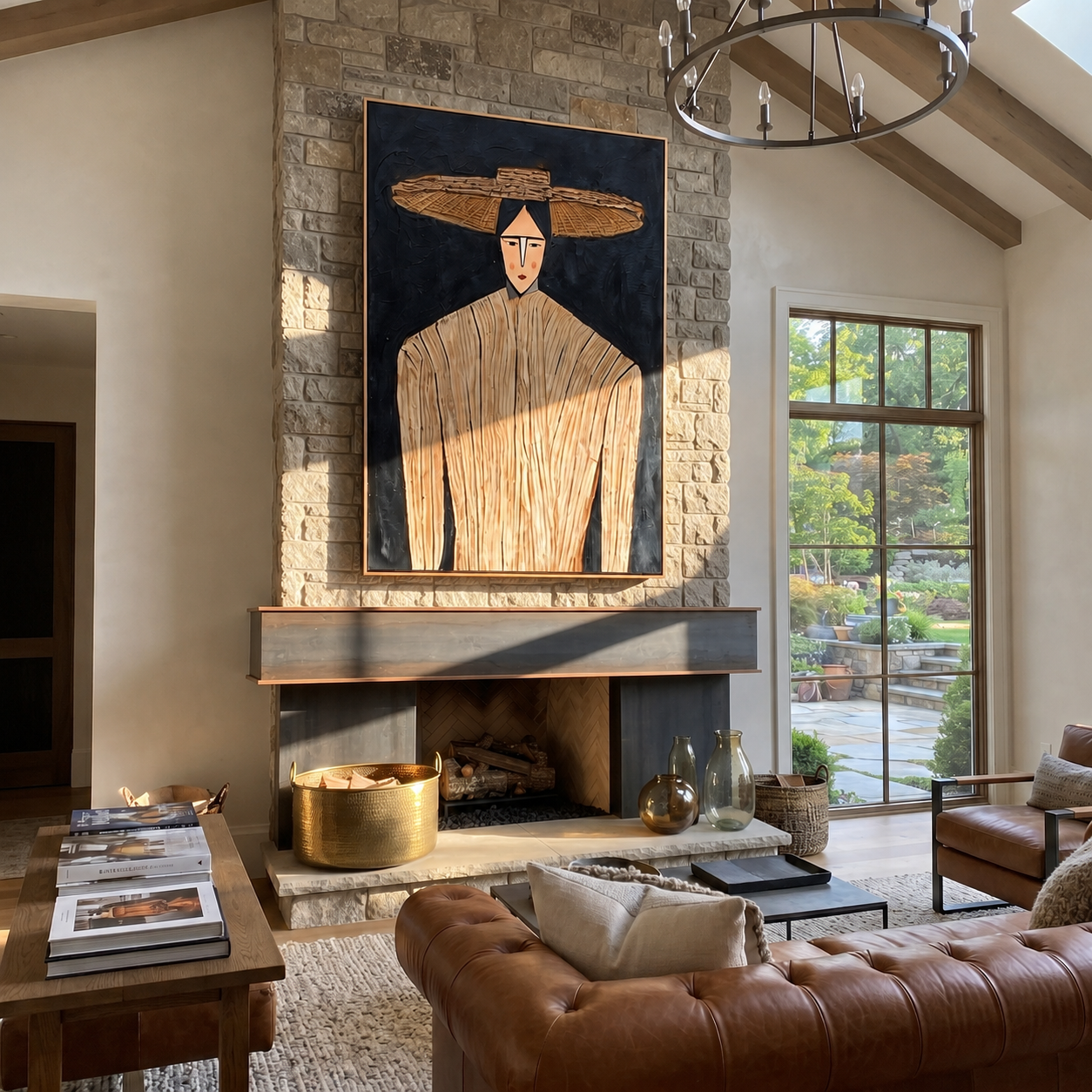 Straw Lines Stand Against Night - Cream Hat Portrait painting by Adrian Lee, mid-century modern vertical wall art – styled room scene view 1