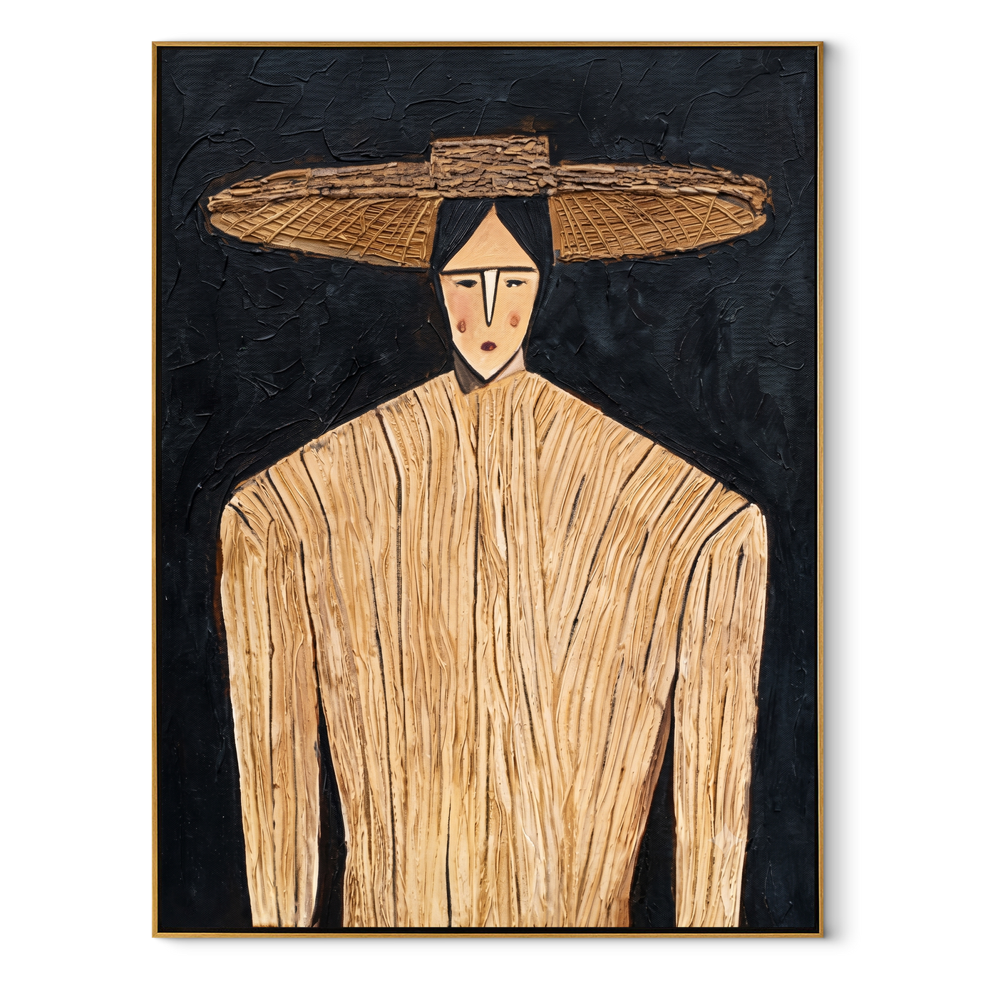 Straw Lines Stand Against Night - Cream Hat Portrait painting by Adrian Lee, mid-century modern vertical wall art – wood frame on white background