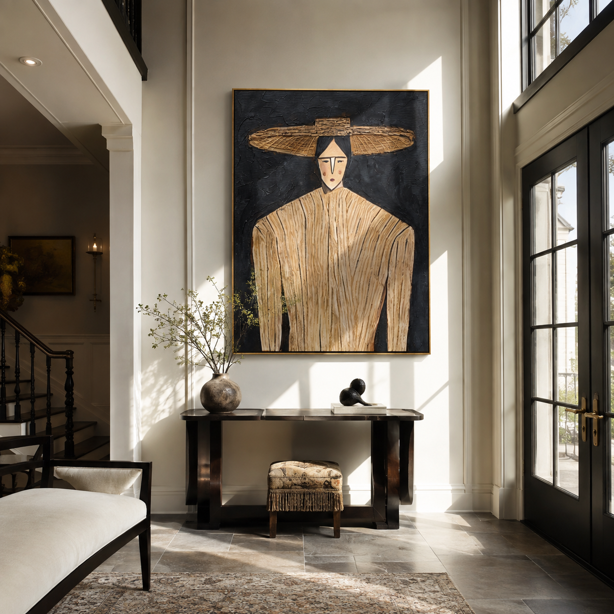 Straw Lines Stand Against Night - Cream Hat Portrait painting by Adrian Lee, mid-century modern vertical wall art – styled room scene view 2