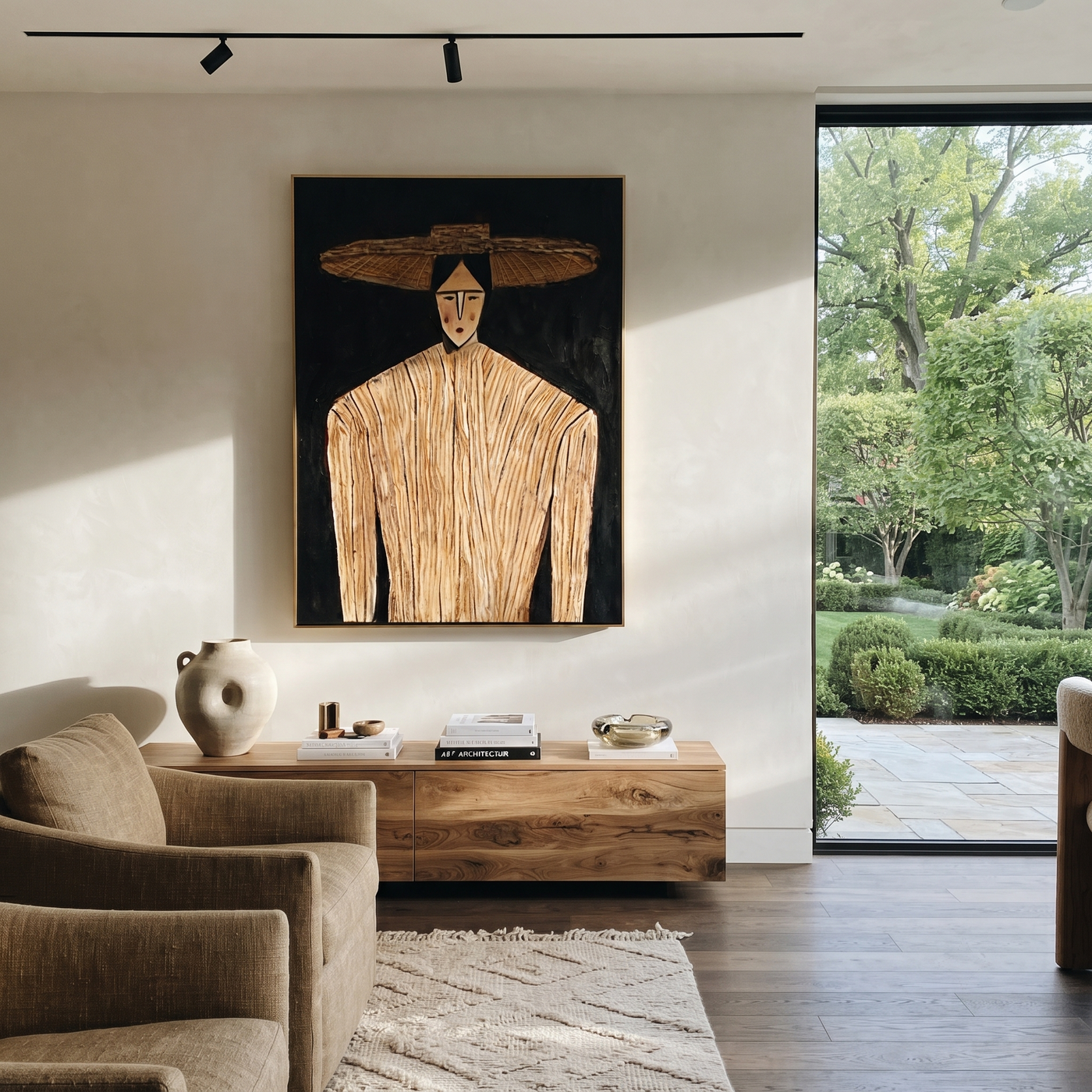 Straw Lines Stand Against Night - Cream Hat Portrait painting by Adrian Lee, mid-century modern vertical wall art – styled room scene view 3