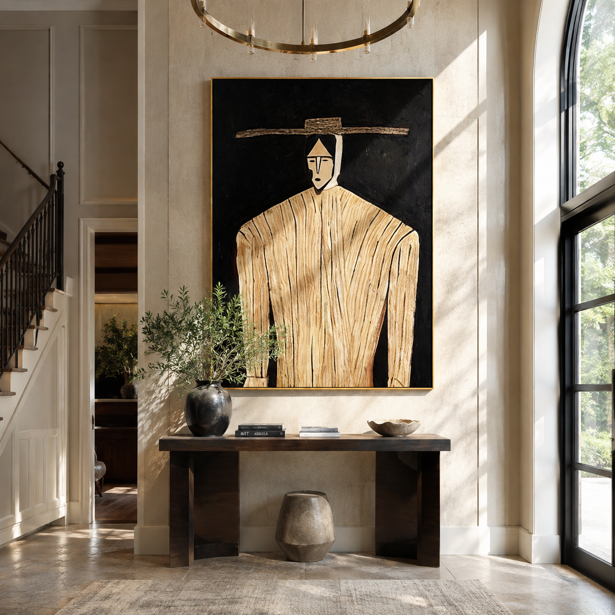Pale Lines Hold the Dark - Cream Portrait Black Ground painting by Adrian Lee, mid-century modern vertical wall art – styled room scene view 1