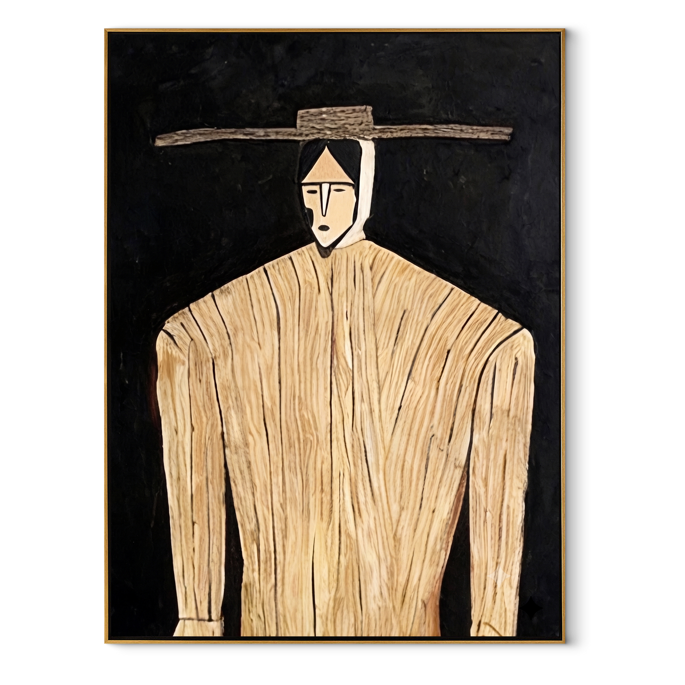 Pale Lines Hold the Dark - Cream Portrait Black Ground painting by Adrian Lee, mid-century modern vertical wall art – wood frame on white background