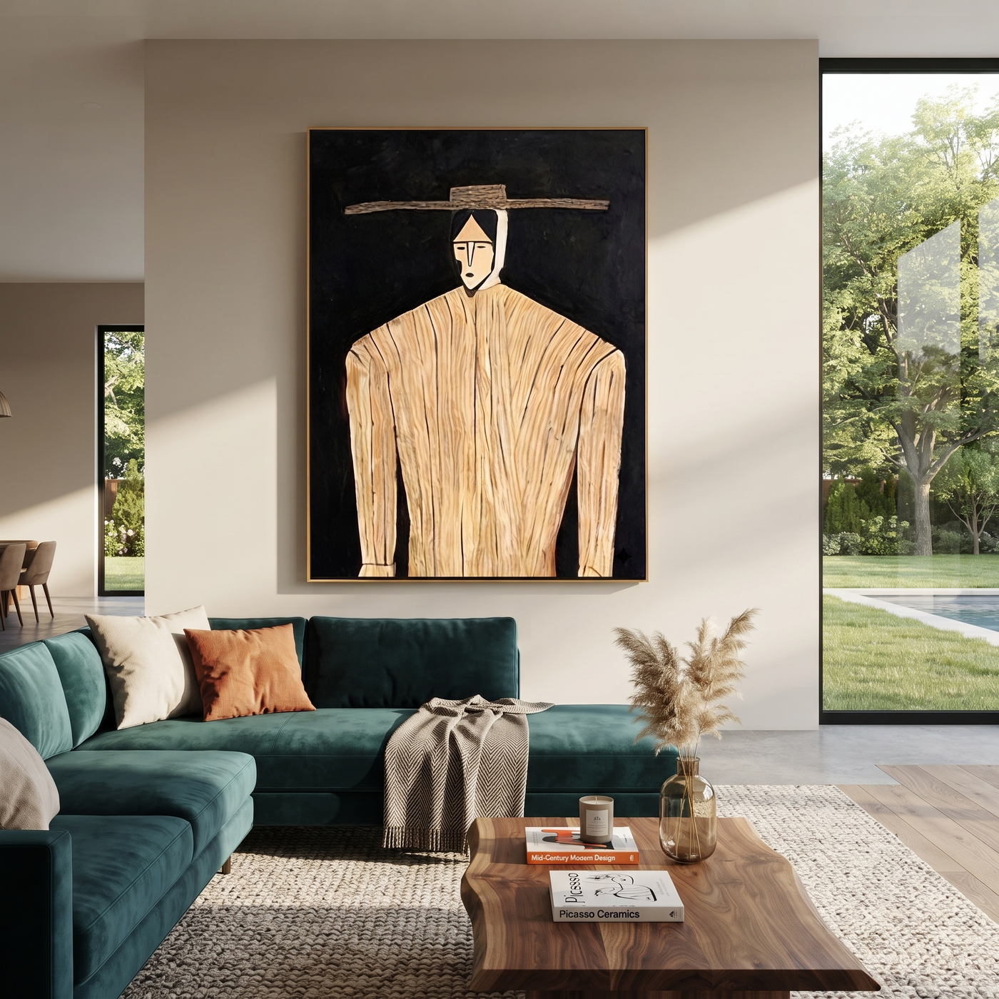 Pale Lines Hold the Dark - Cream Portrait Black Ground painting by Adrian Lee, mid-century modern vertical wall art – styled room scene view 2