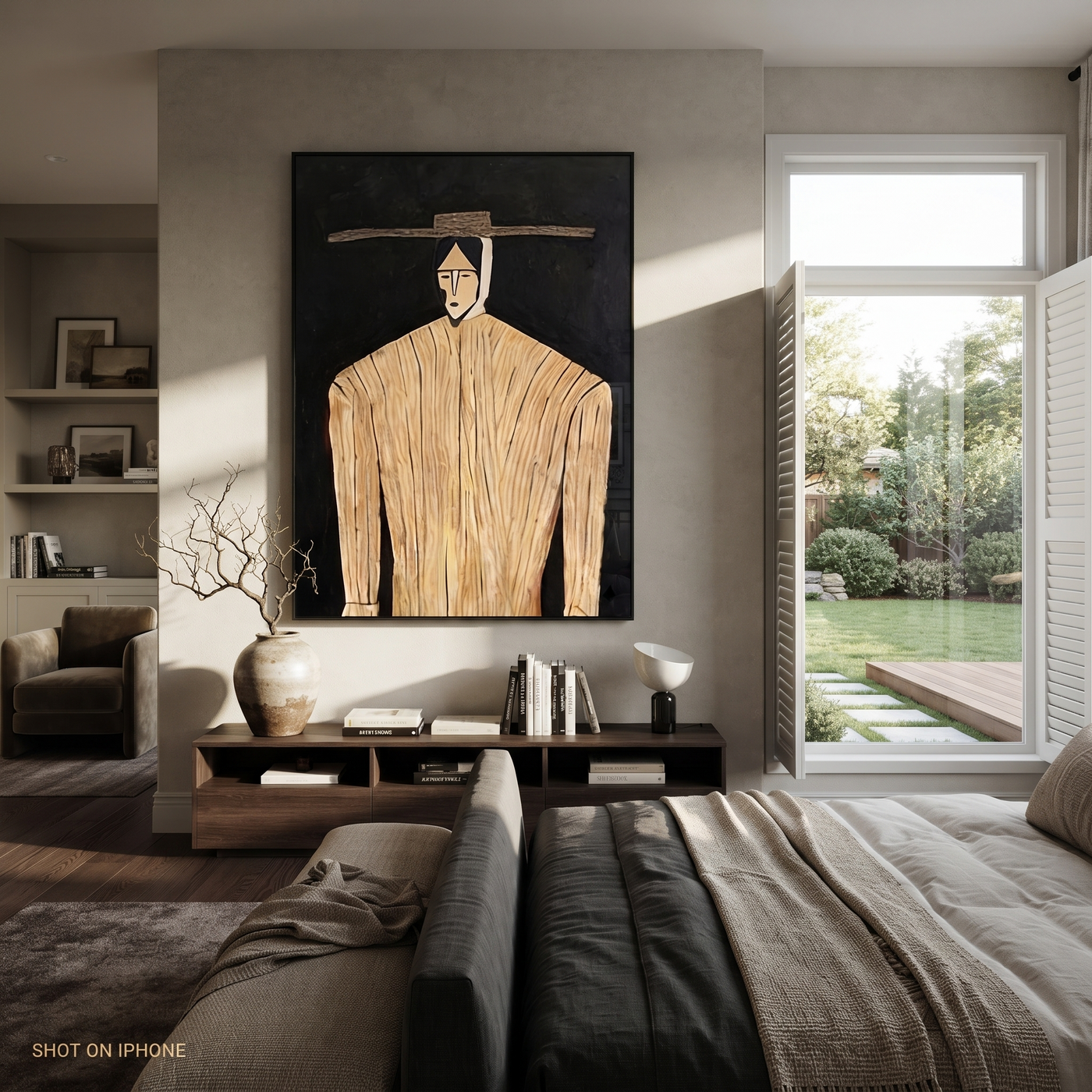 Pale Lines Hold the Dark - Cream Portrait Black Ground painting by Adrian Lee, mid-century modern vertical wall art – styled room scene view 3