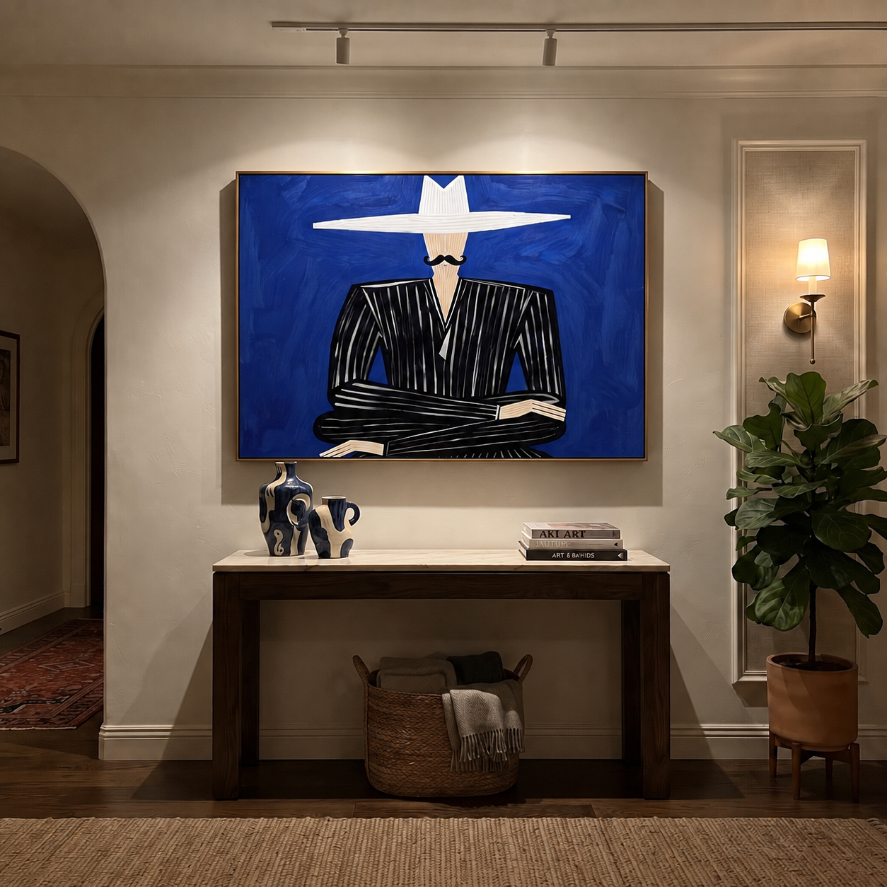 White Horizon Guards Cobalt - Black Suit White Hat Figure painting by Adrian Lee, mid-century modern horizontal wall art – styled room scene view 1
