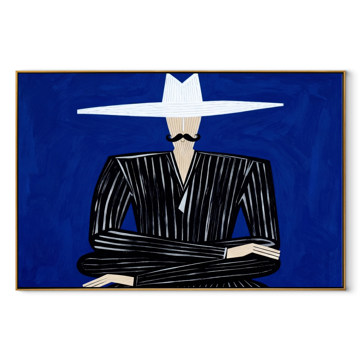 White Horizon Guards Cobalt - Black Suit White Hat Figure painting by Adrian Lee, mid-century modern horizontal wall art – wood frame on white background