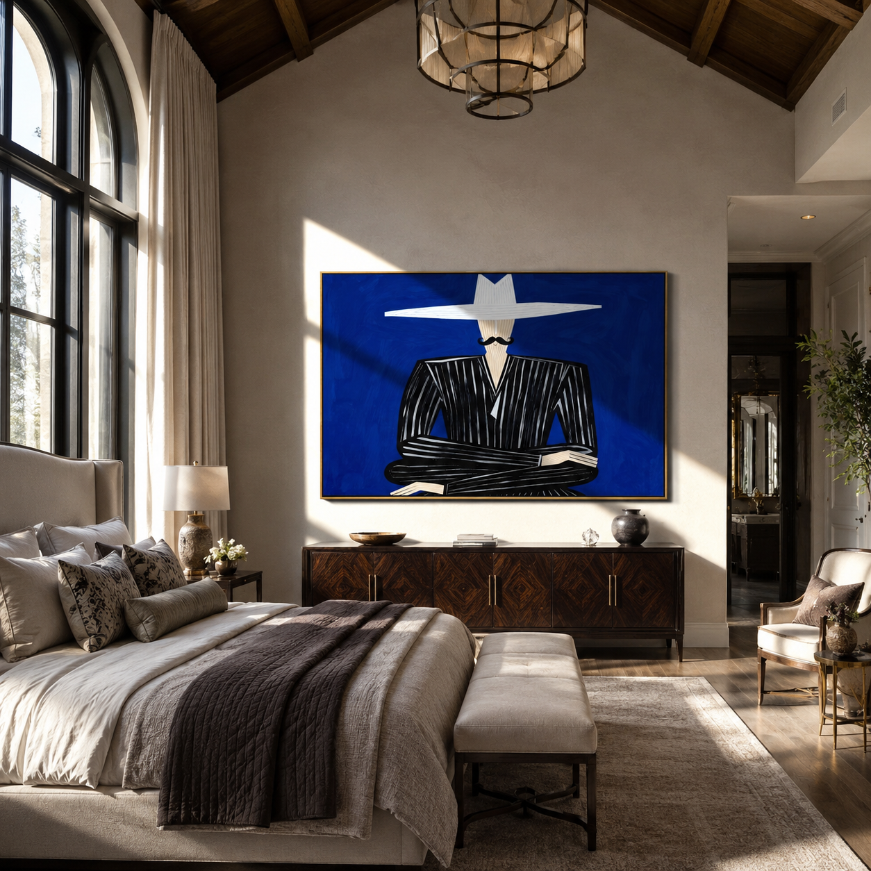 White Horizon Guards Cobalt - Black Suit White Hat Figure painting by Adrian Lee, mid-century modern horizontal wall art – styled room scene view 2