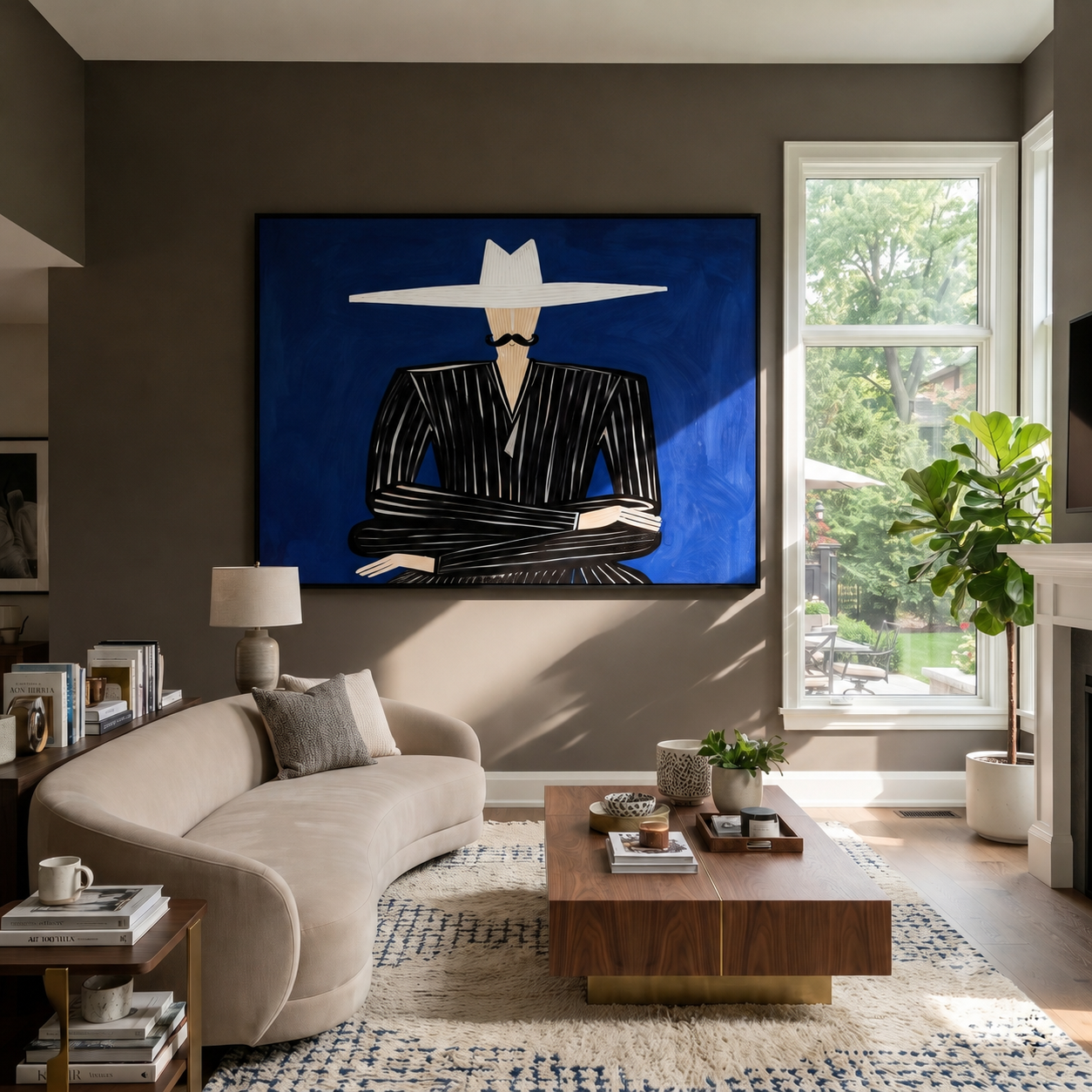 White Horizon Guards Cobalt - Black Suit White Hat Figure painting by Adrian Lee, mid-century modern horizontal wall art – styled room scene view 3